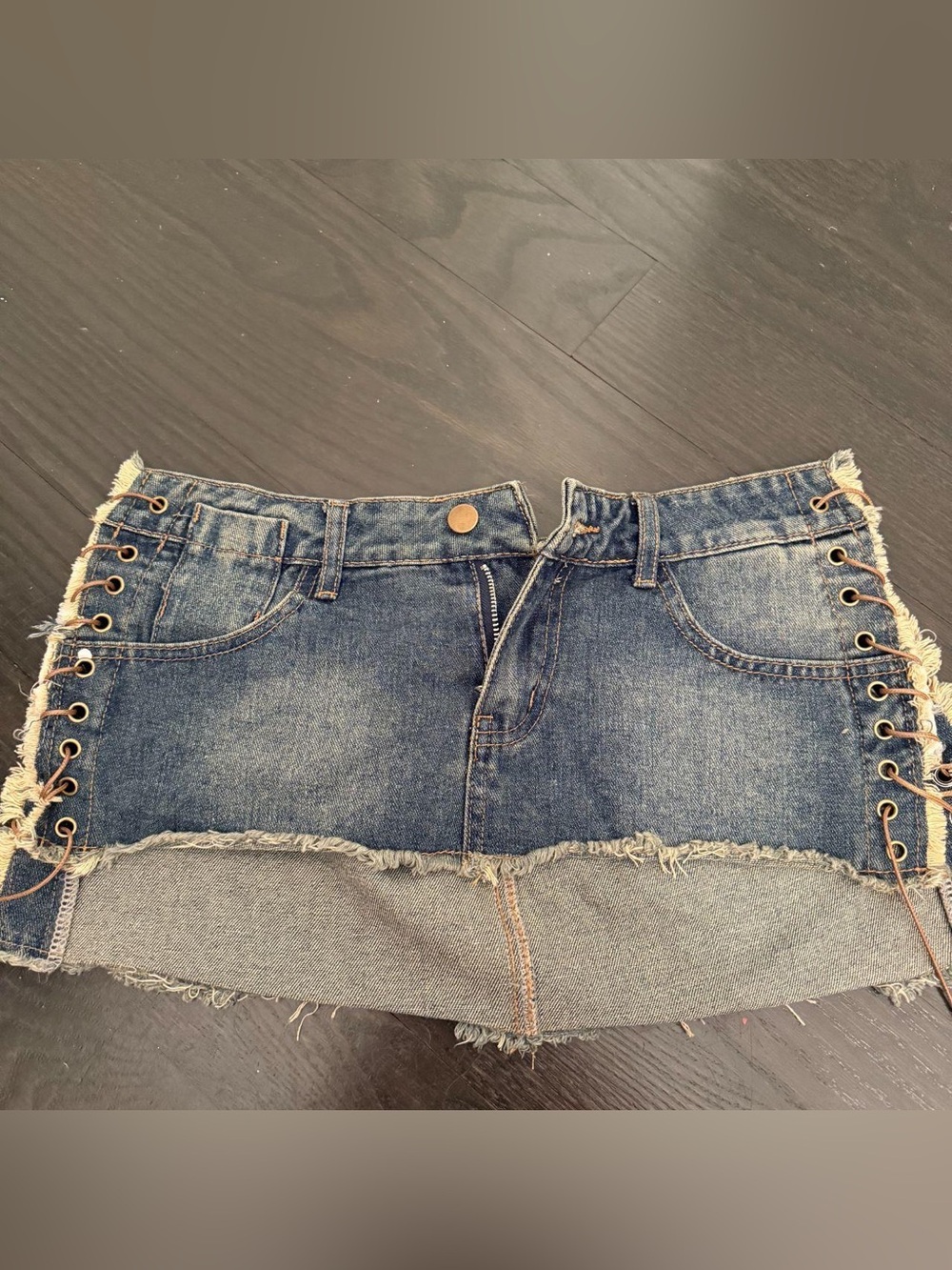 Dark Blue Denim Mini Skirt with Lace-Up Sides